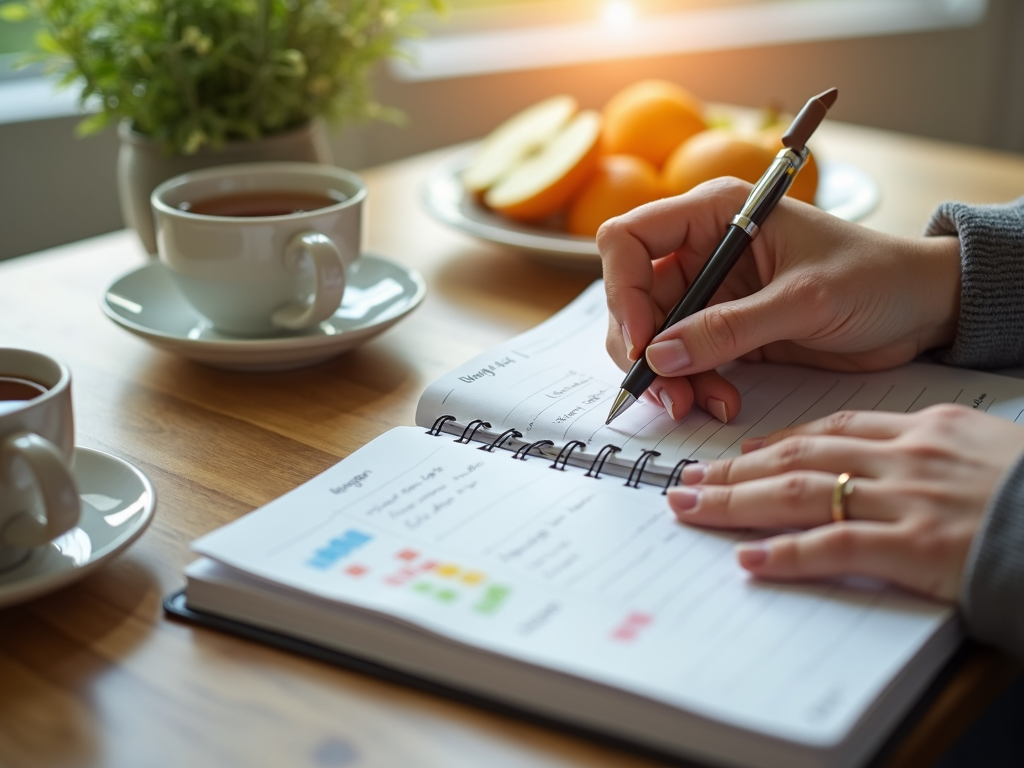 O persoană care își notează progresul într-un jurnal, lângă o ceașcă de ceai și fructe.