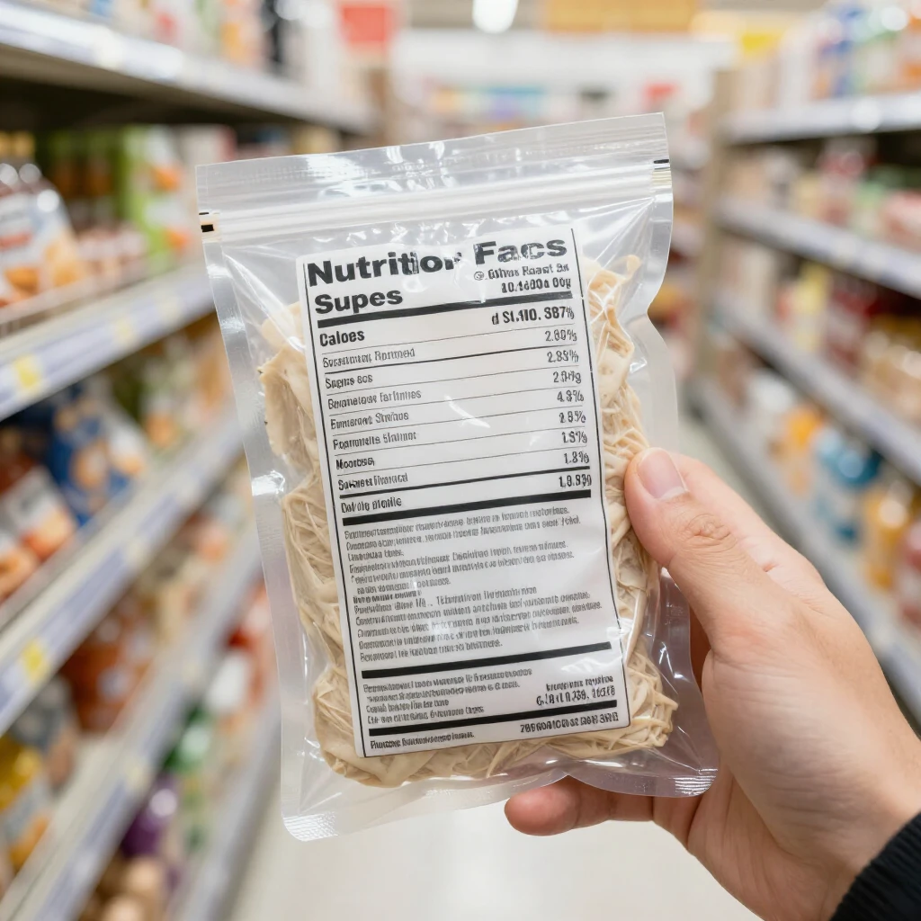 Persoană citind cu atenție eticheta nutrițională a unui produs din supermarket