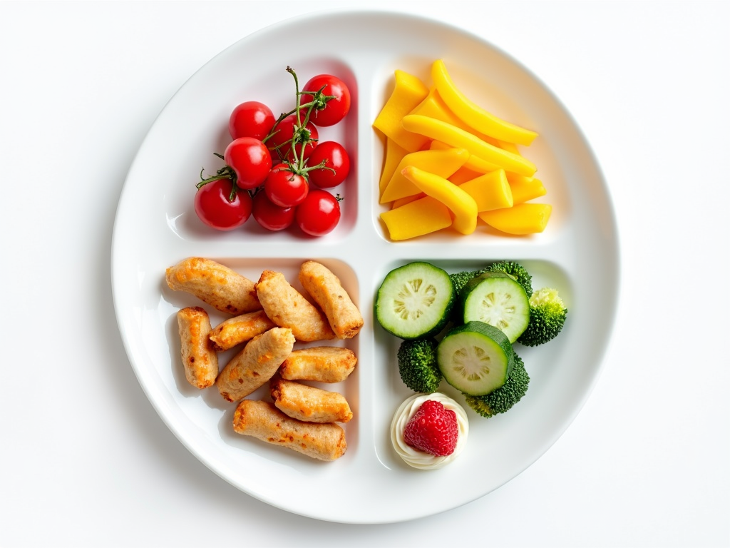 Farfurie colorată cu porții echilibrate de proteine, carbohidrați și legume pentru un regim de slăbit