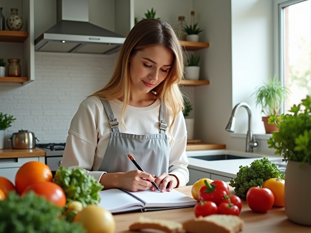 A person holding a notebook and a pencil, planning meals with a variety of protein sources in the background, indicating a structured approach to diet.