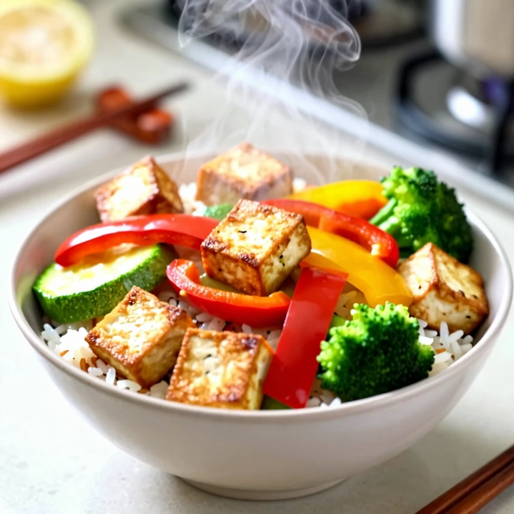 Stir-fry vegetarian cu tofu, legume colorate și orez brun, preparat rapid