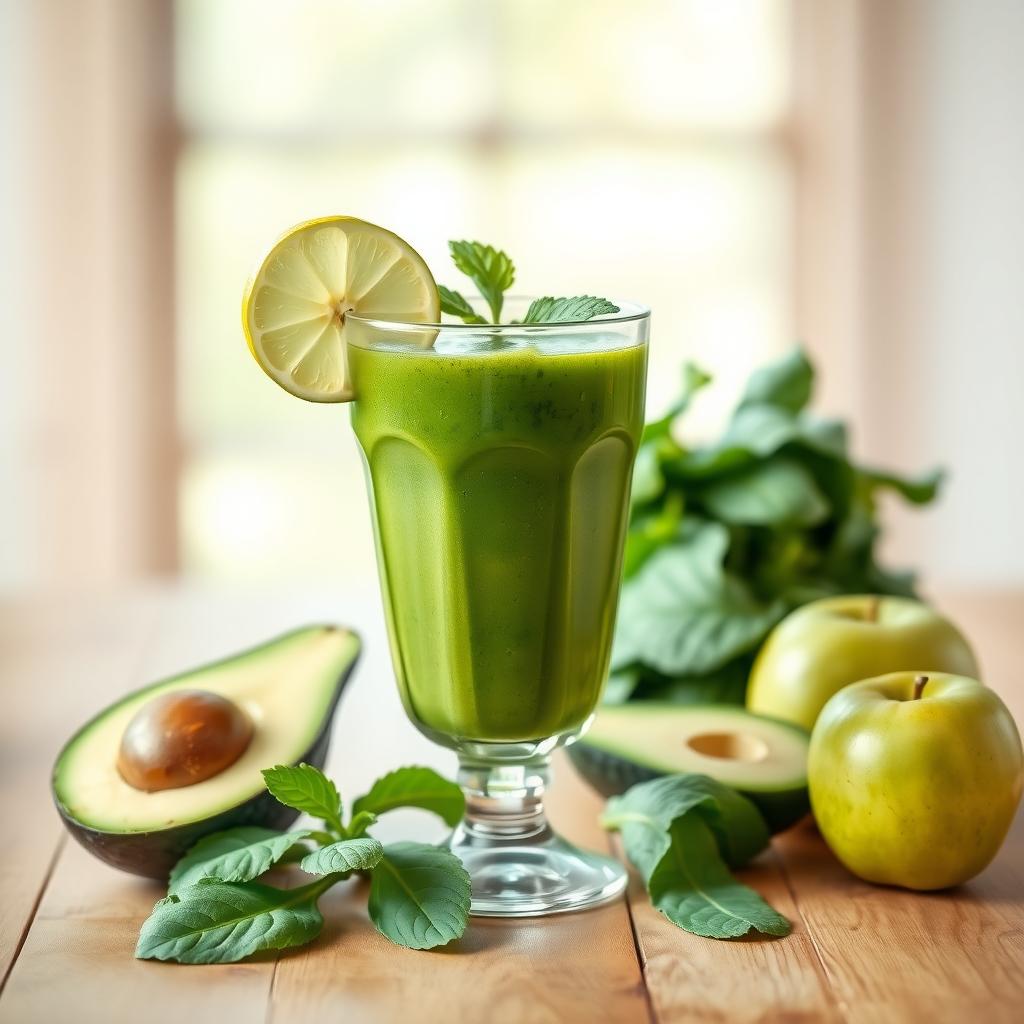 Smoothie verde într-un pahar transparent, decorat cu o felie de lămâie verde și mentă, înconjurat de spanac, avocado și măr pe o masă de lemn.