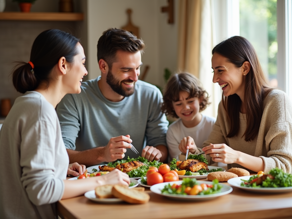Familie care savurează o masă sănătoasă împreună, cu farfurii pline de legume colorate, pui la grătar și pâine integrală.