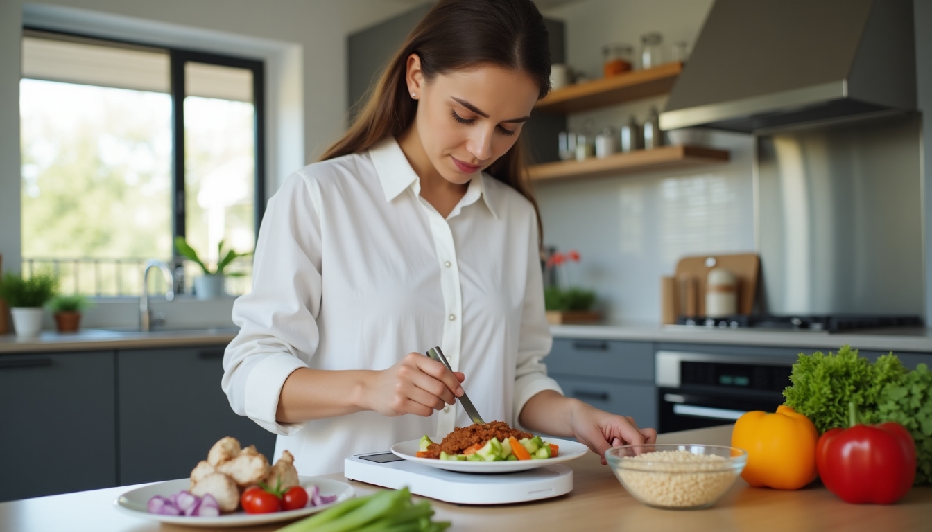 O persoană tânără care măsoară porții de alimente pe o farfurie, cu o bucătărie modernă în fundal.