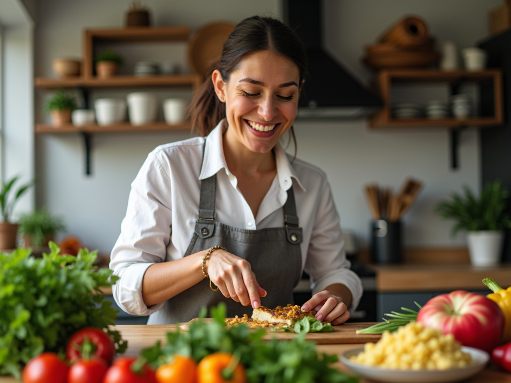 Persoană zâmbitoare pregătind o masă sănătoasă, înconjurată de ingrediente proaspete.