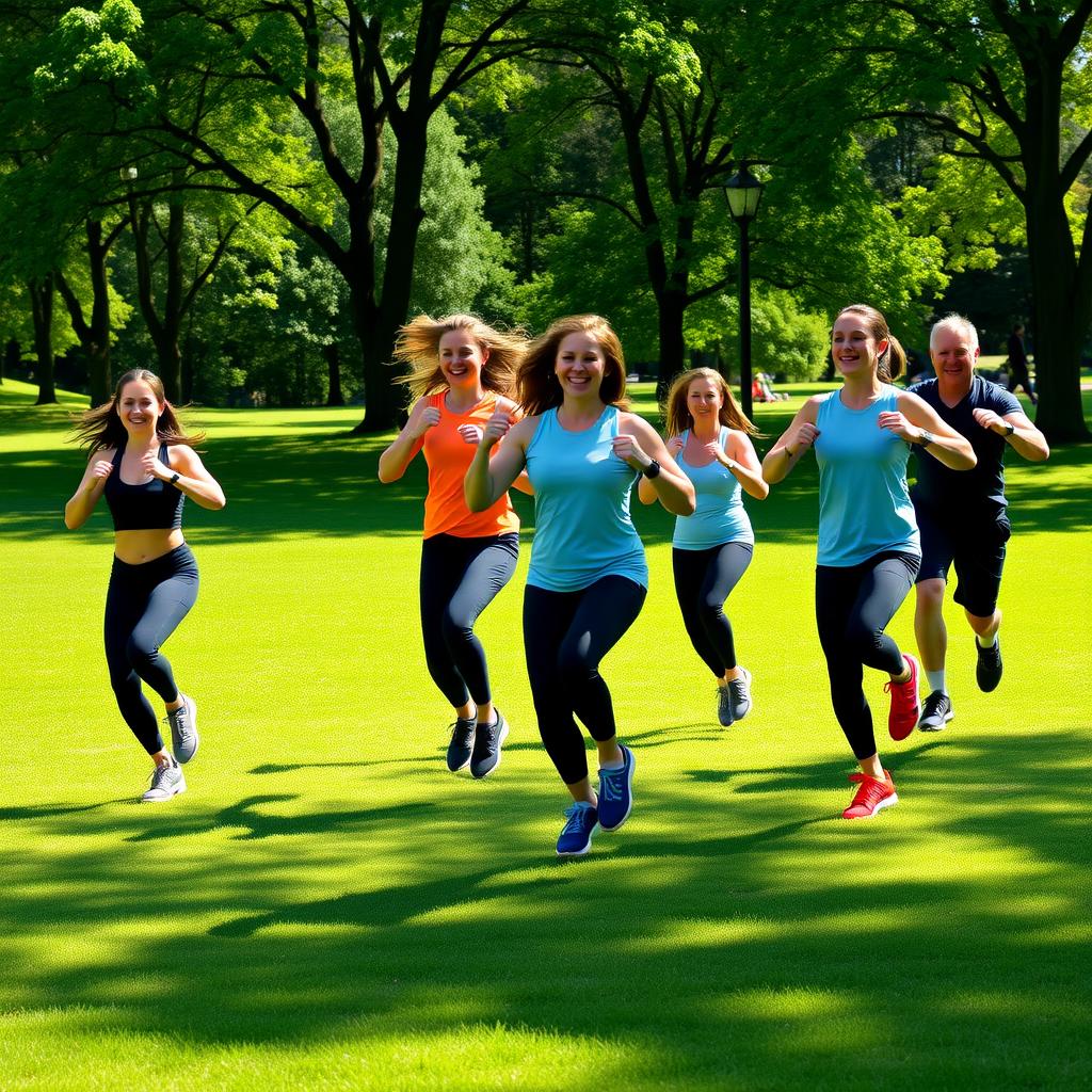 Grup de persoane care efectuează un antrenament HIIT în aer liber, realizând exerciții precum sărituri sau mountain climbers, într-un parc verde pe o zi însorită.