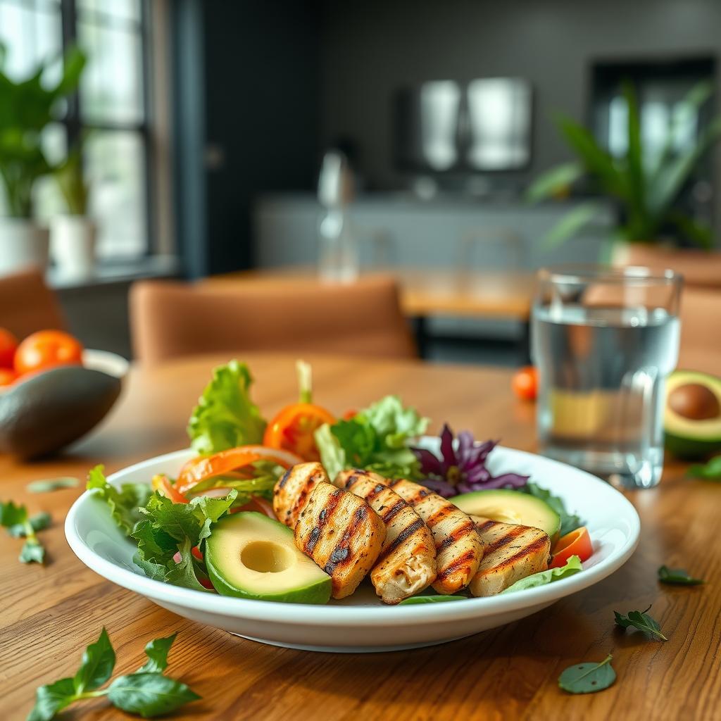 Masă sănătoasă cu salată colorată, pui la grătar, avocado și un pahar cu apă, pe o masă din lemn.
