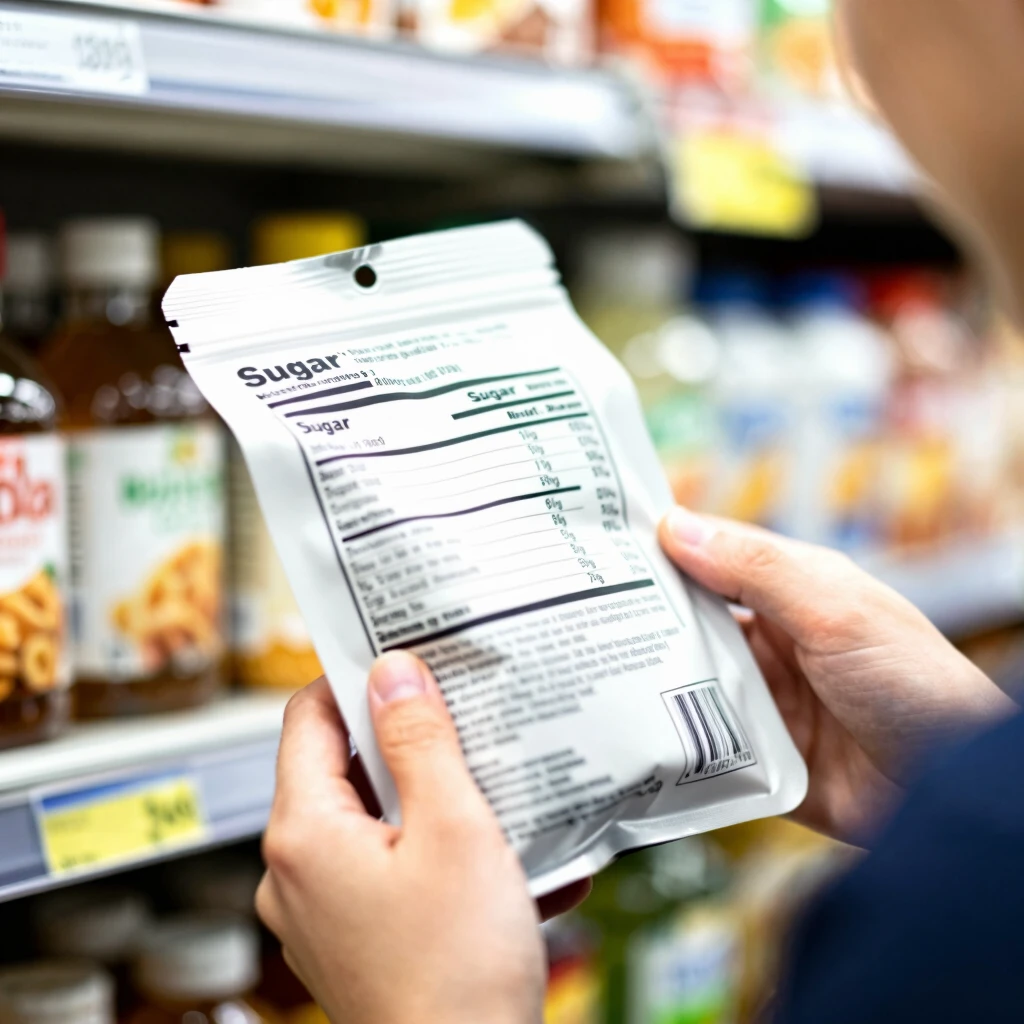 Persoană citind eticheta nutrițională a unui produs în supermarket pentru a verifica conținutul de zahăr