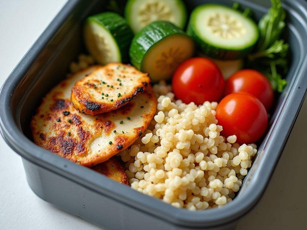 Recipient cu pui la grătar, quinoa și legume, pregătit pentru birou