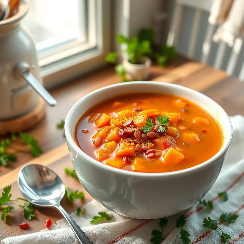 Bol ceramic alb cu supă detoxifiantă aburindă, conținând morcovi portocalii, țelină, linte roșie și un praf de turmeric, pe o masă de bucătărie, cu pătrunjel proaspăt și lumină solară caldă.