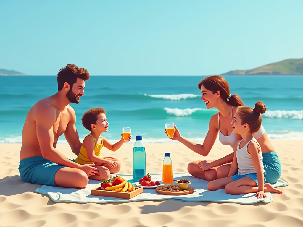 Familie bucurându-se de un picnic sănătos pe plajă