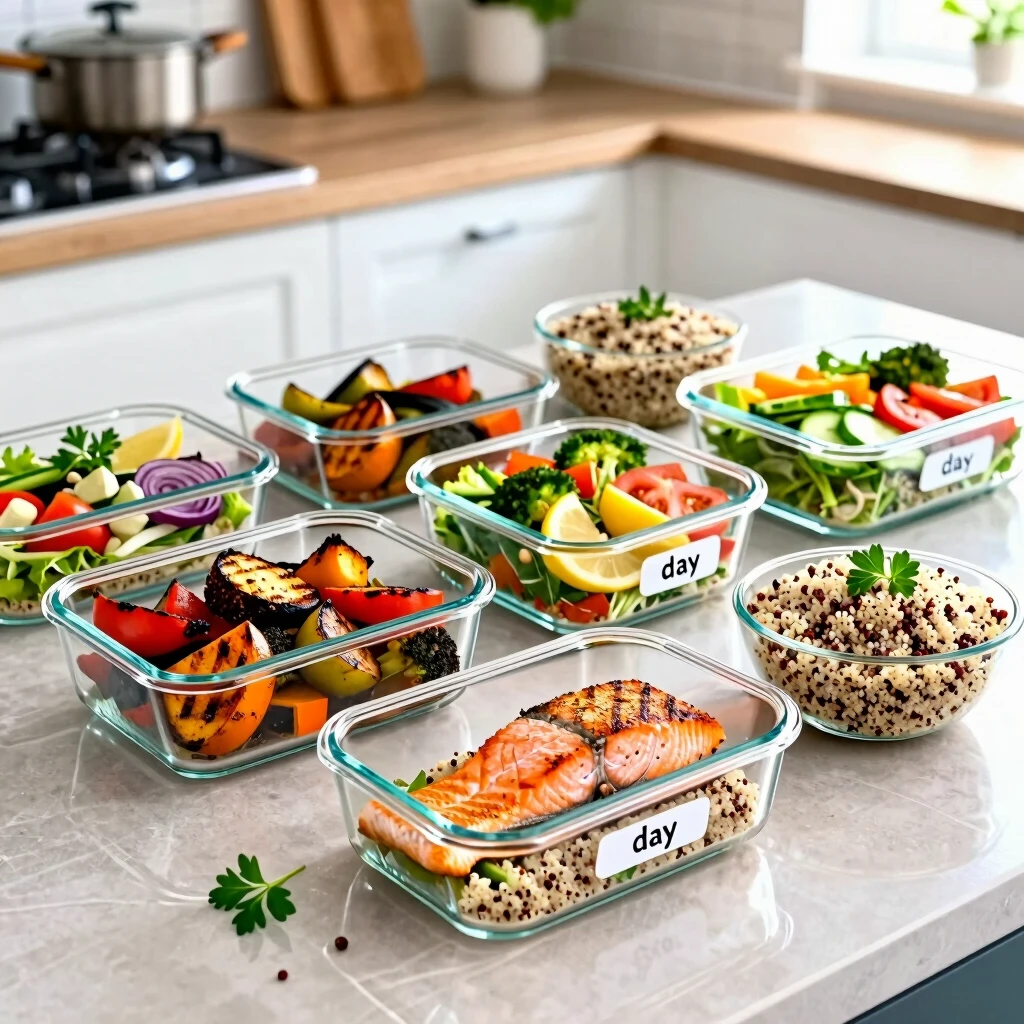 Pregătire mese pentru săptămână: containere cu legume, pește și salate organizate