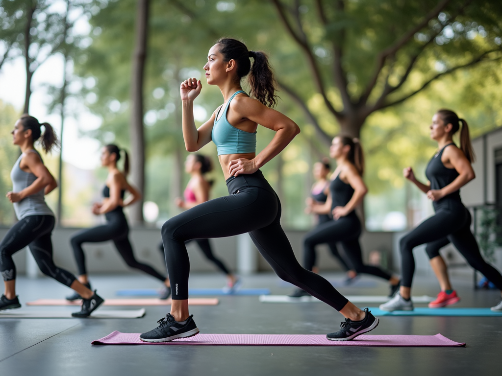 Persoană care face diverse exerciții: alergare, ridicare de greutăți și yoga într-un parc sau sală de sport.