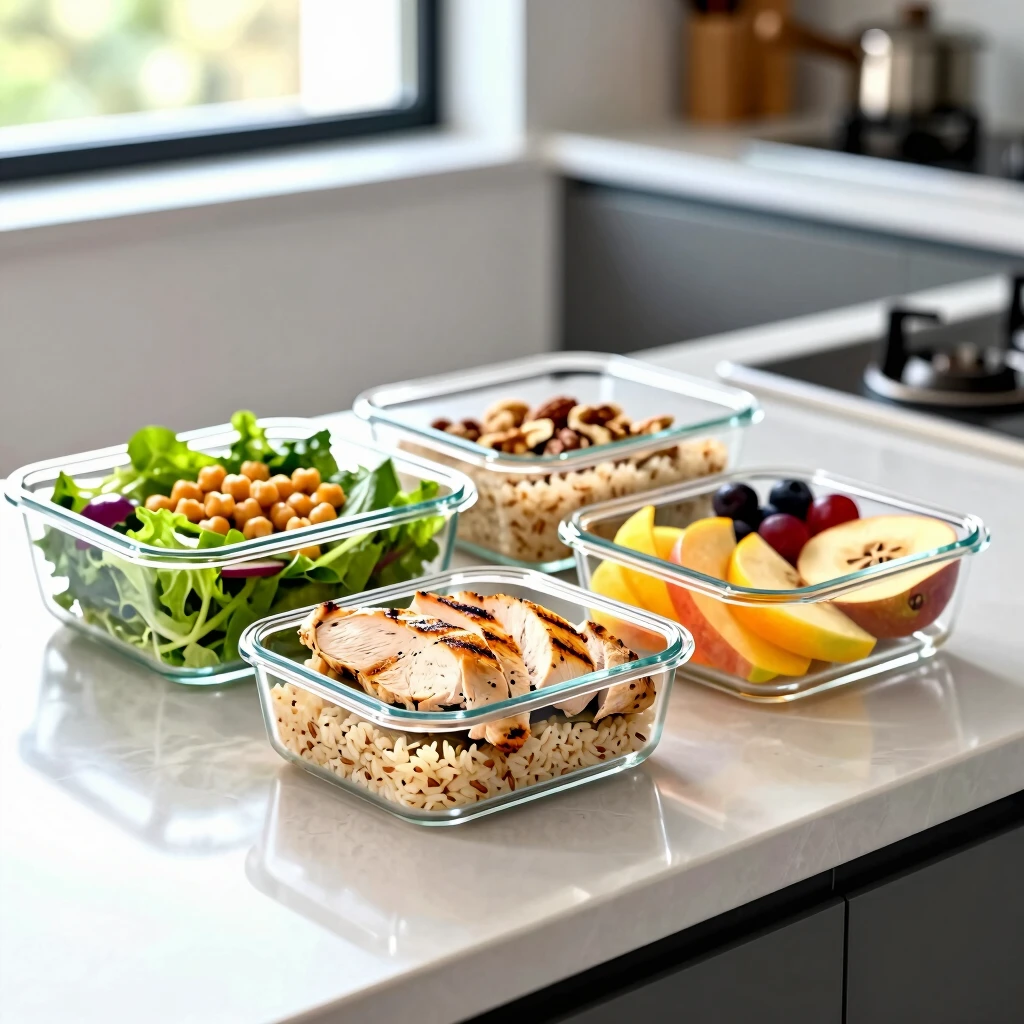 Pregătire mese săptămânale în containere: salate, pui și cereale integrale