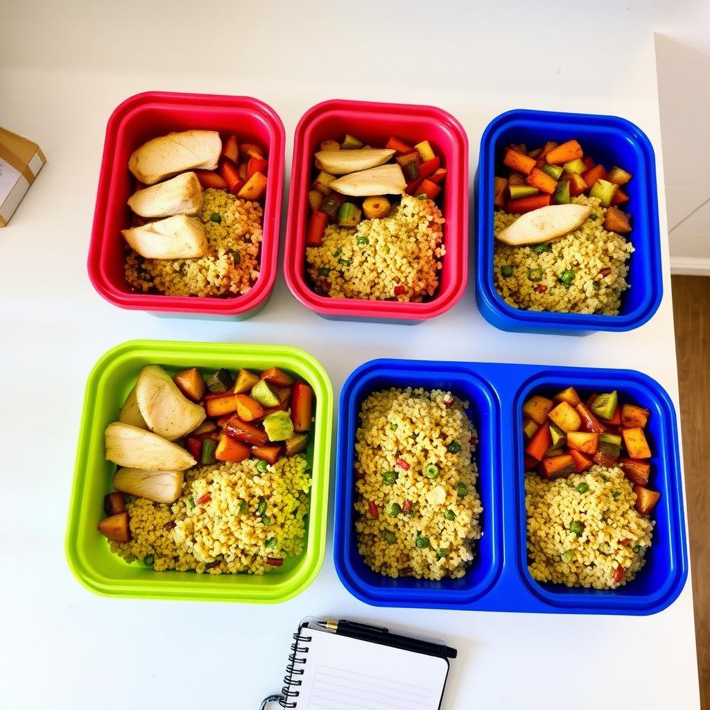 Imagine cu cinci recipiente colorate pentru pregătirea meselor, pline cu pui la grătar, legume coapte și quinoa, aranjate pe o masă de bucătărie.