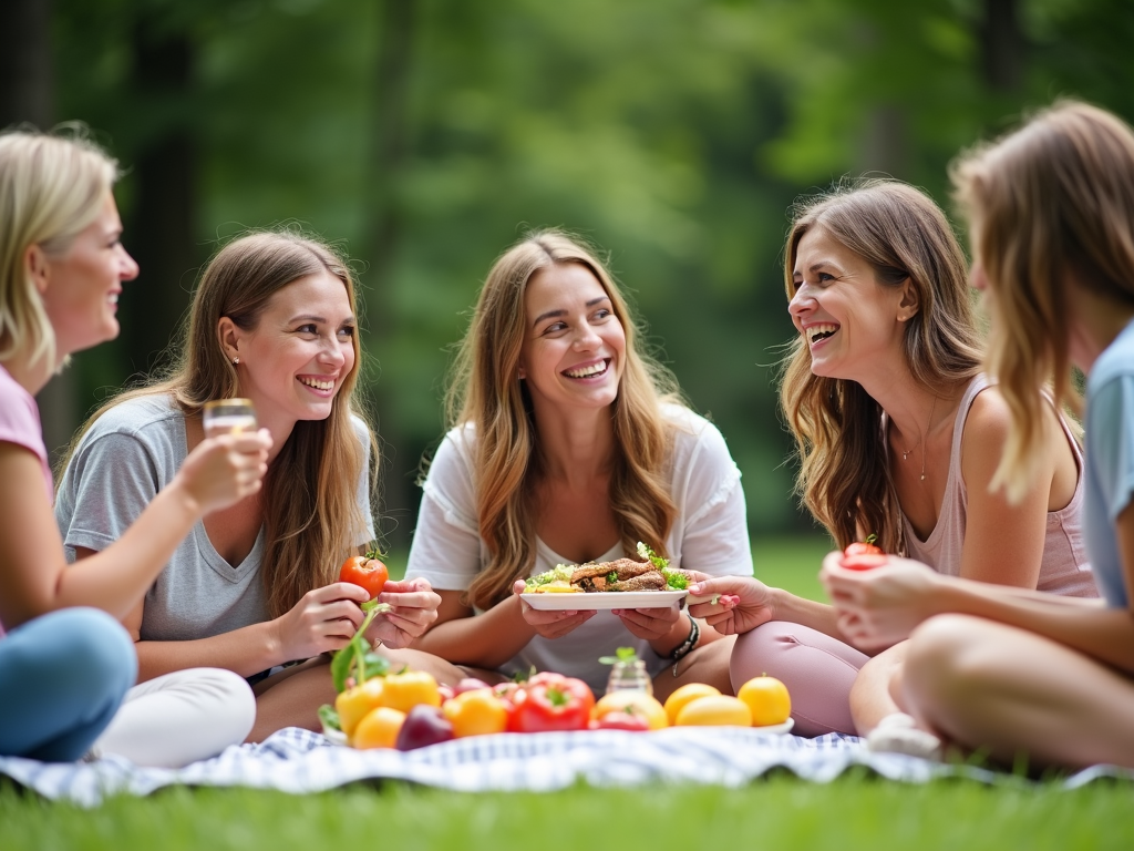 Grup de prieteni la un picnic sănătos în parc