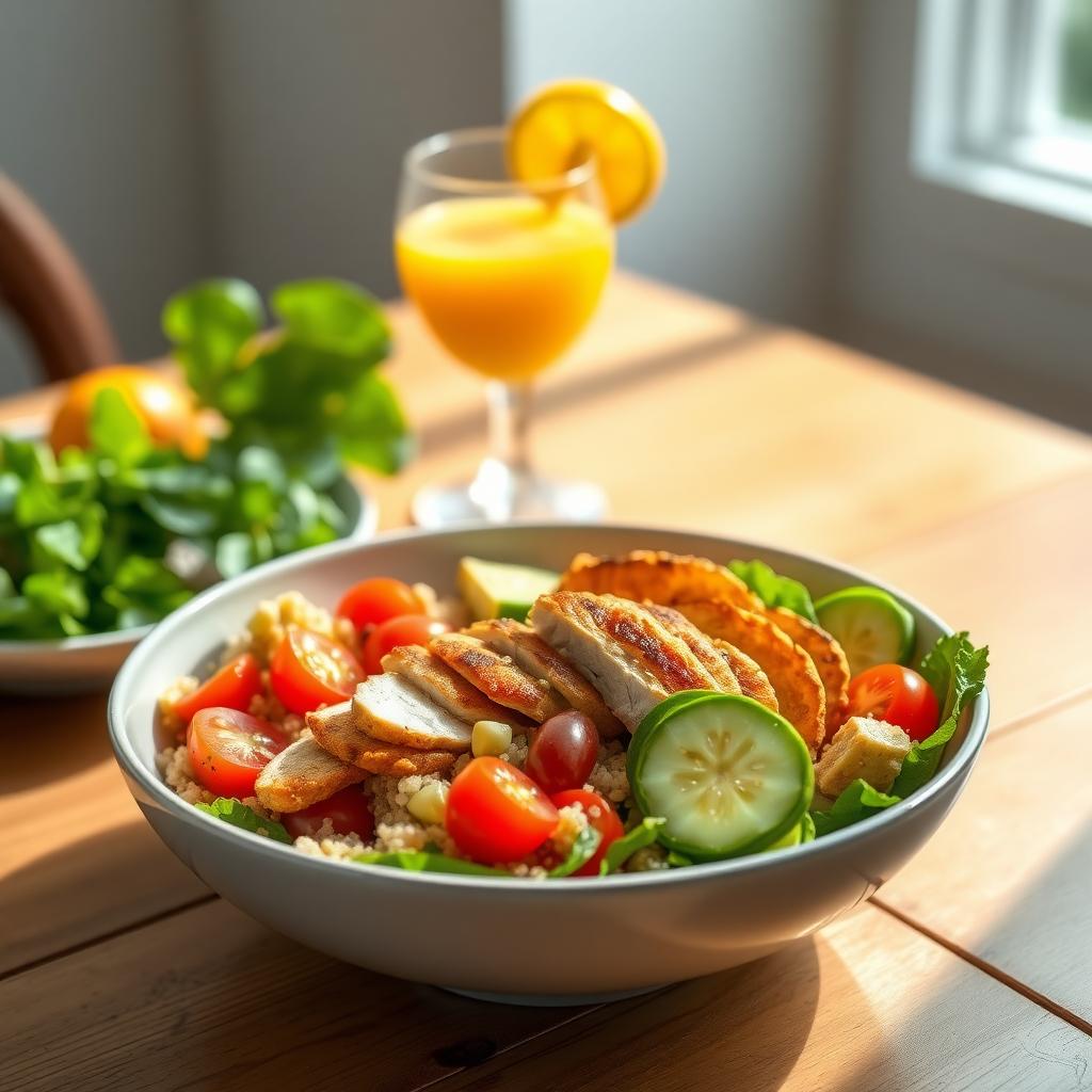 O masă sănătoasă colorată, cu o salată de quinoa, roșii cherry, castravete, avocado și pui la grătar, alături de un pahar de suc proaspăt de portocale.