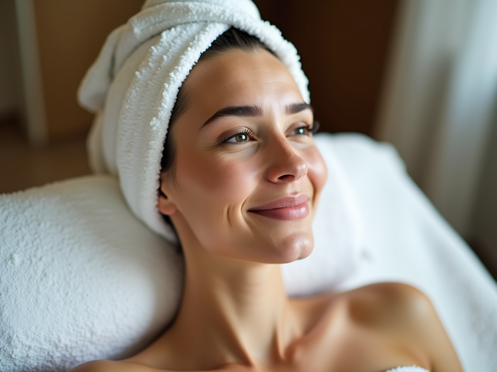 Persoană bucurându-se de o zi relaxantă la spa, cu o expresie senină pe față