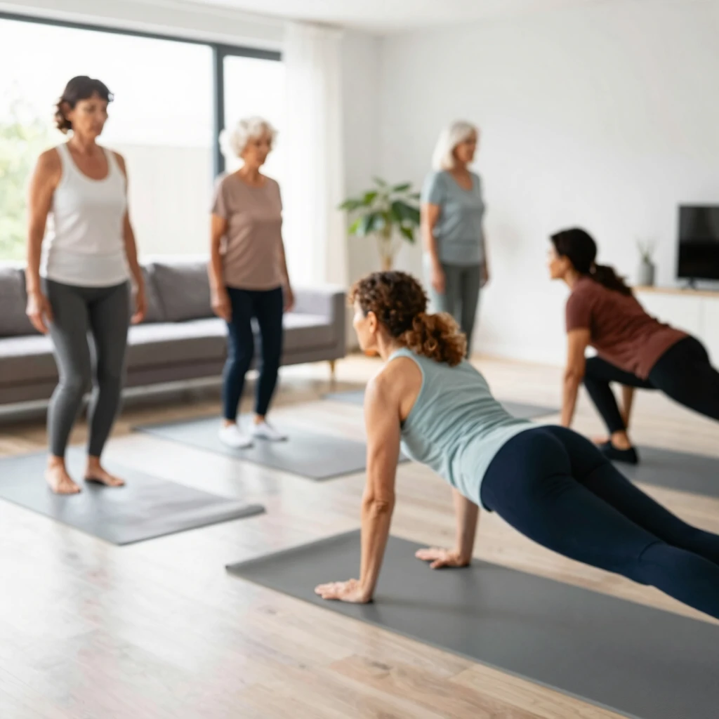 Grup divers de adulți făcând exerciții simple acasă, precum mers pe loc, genuflexiuni și plank, într-o cameră luminoasă