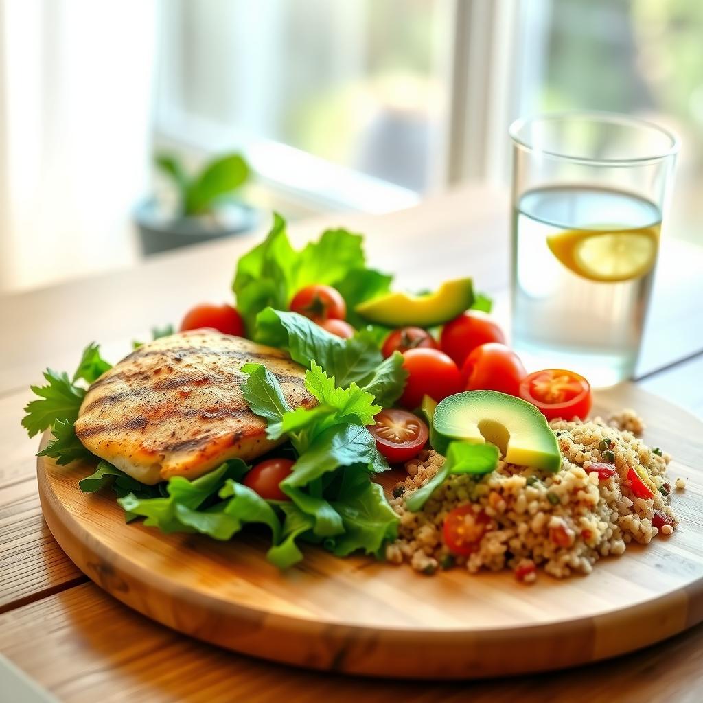 Masă sănătoasă cu piept de pui la grătar, salată verde cu roșii cherry, avocado și quinoa, alături de un pahar cu apă și lămâie.
