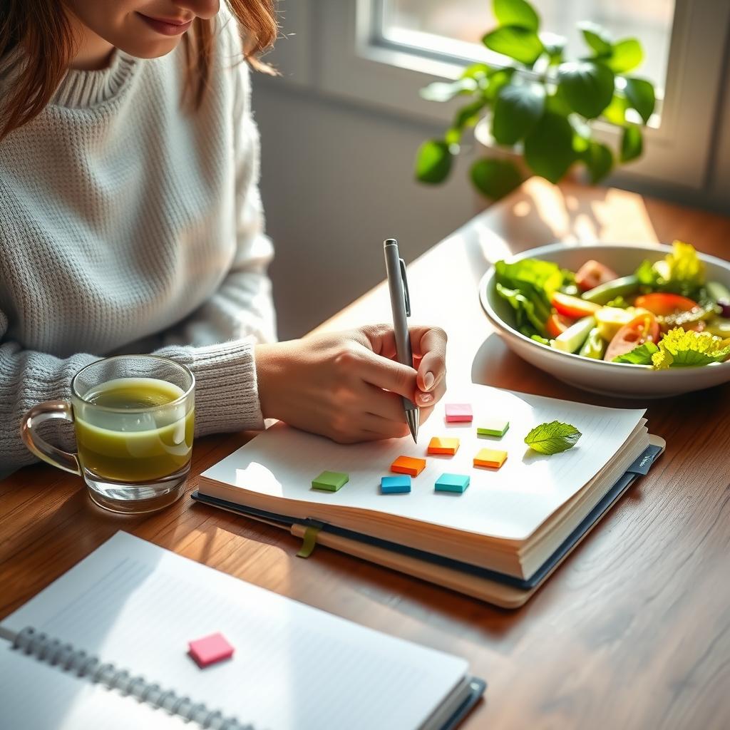 Persoană care notează obiective într-un jurnal, la un birou de lemn, cu o ceașcă de ceai verde și o salată sănătoasă în apropiere.
