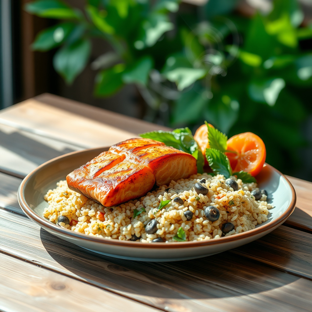 Farfurie cu masă bogată în proteine: somon la grătar, quinoa și legume proaspete.
