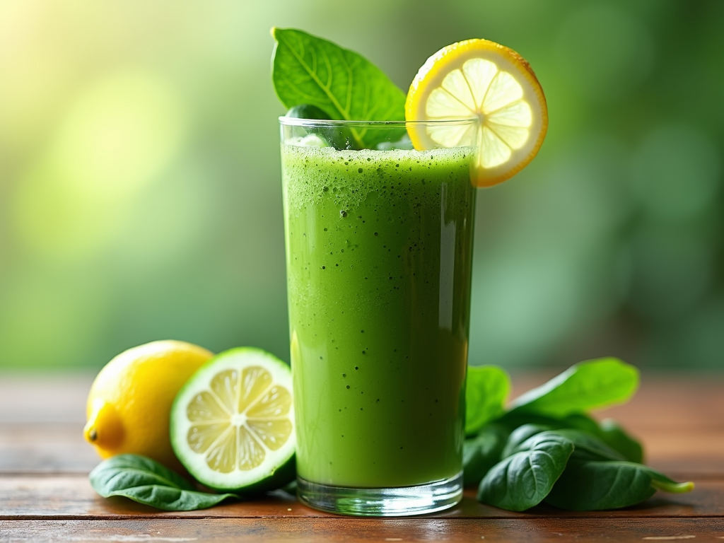 Smoothie verde într-un pahar înalt, cu frunze de spanac, o felie de lămâie și o felie de castravete pe margine, pe o masă de lemn.