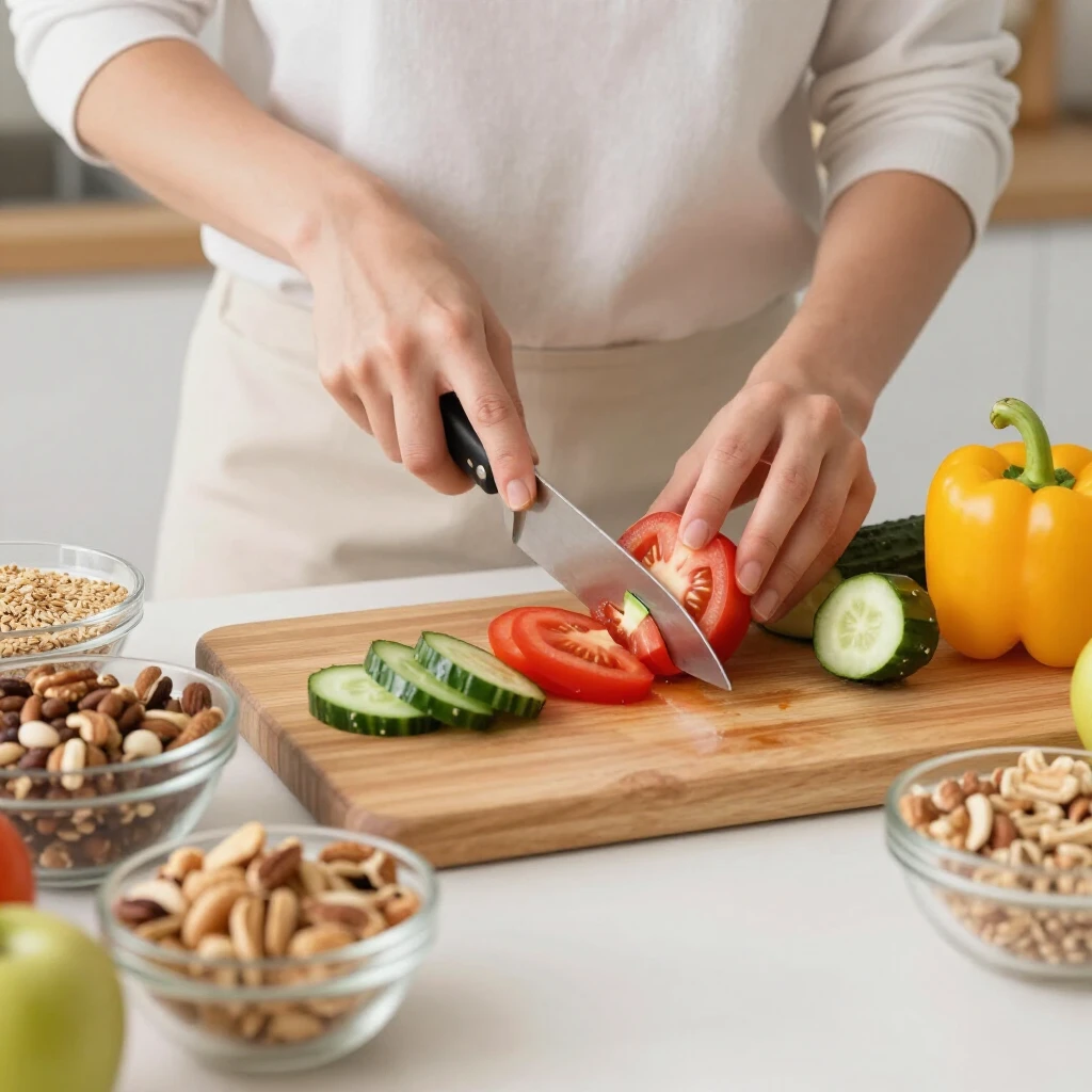 Persoană pregătind o salată sănătoasă în bucătărie, cu legume proaspete și ingrediente naturale