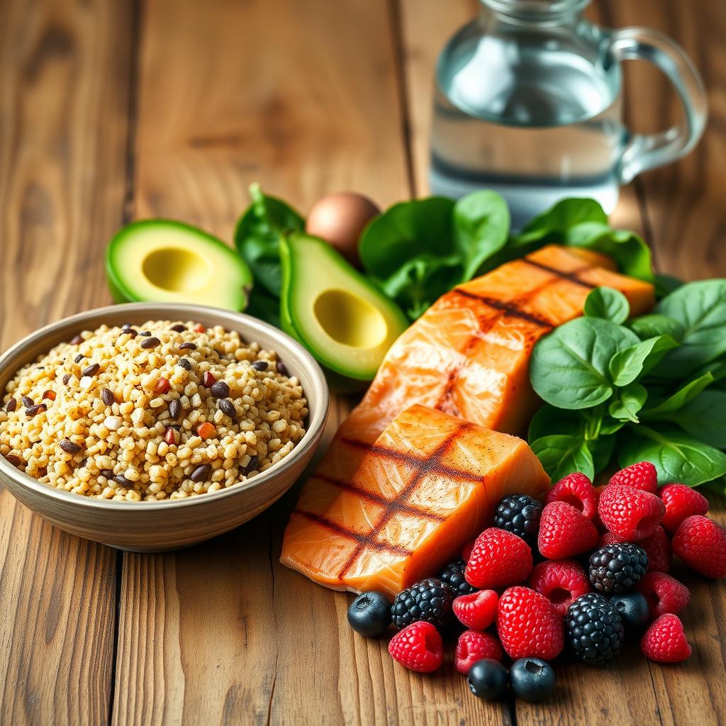 Masă cu alimente sănătoase, inclusiv un bol cu quinoa, felii de avocado, frunze de spanac, somon la grătar și fructe de pădure, cu o carafă de apă în fundal.
