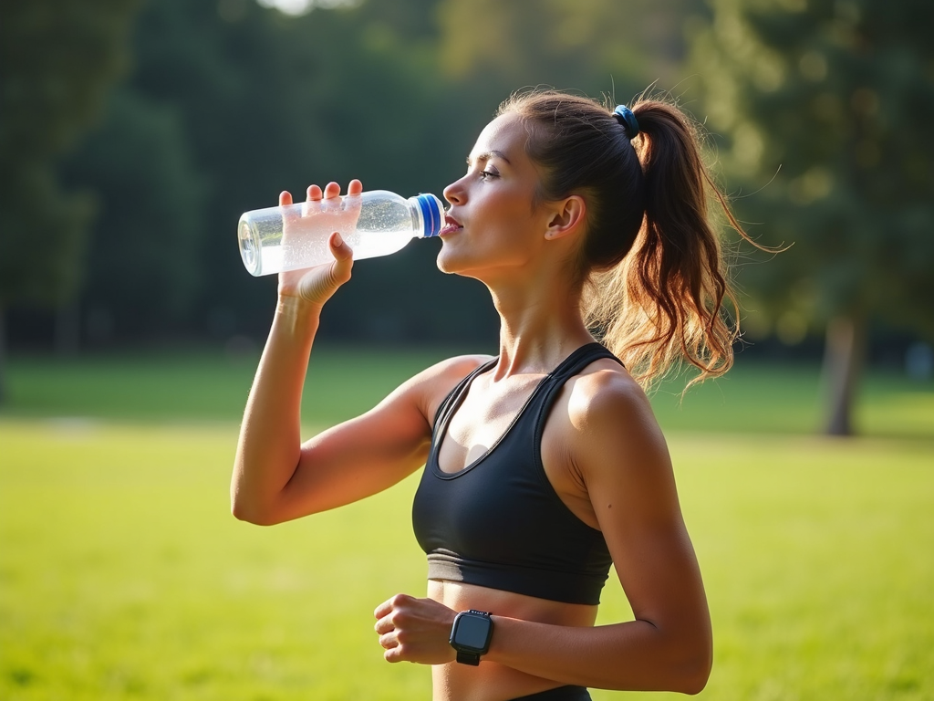 O tânără în echipament sportiv bea apă dintr-o sticlă reutilizabilă în timpul unei pauze de la alergat într-un parc.