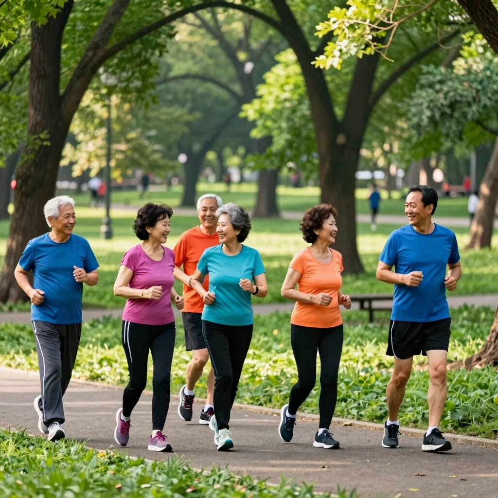Grup de prieteni alergând în parc, promovând activitatea fizică zilnică
