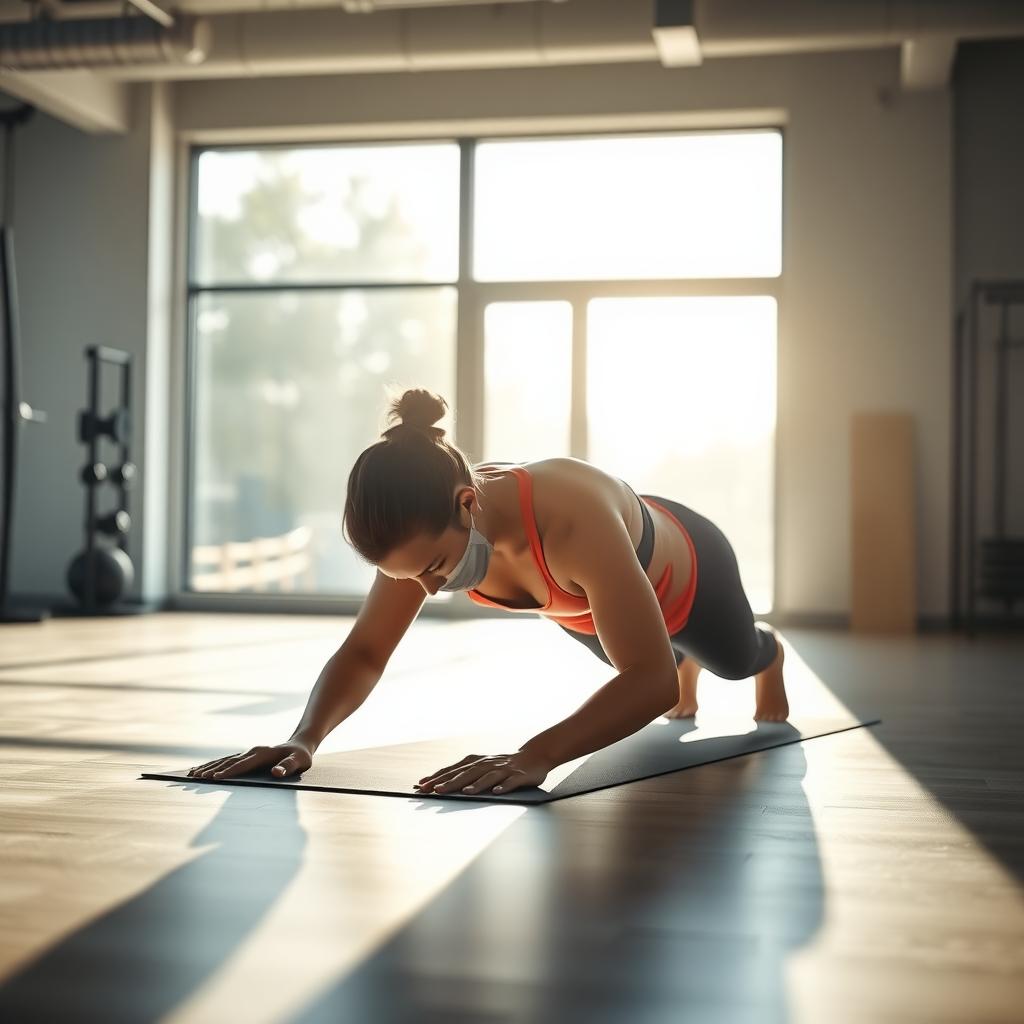 Persoană care efectuează exercițiul plank într-o sală de fitness modernă, cu lumină naturală.