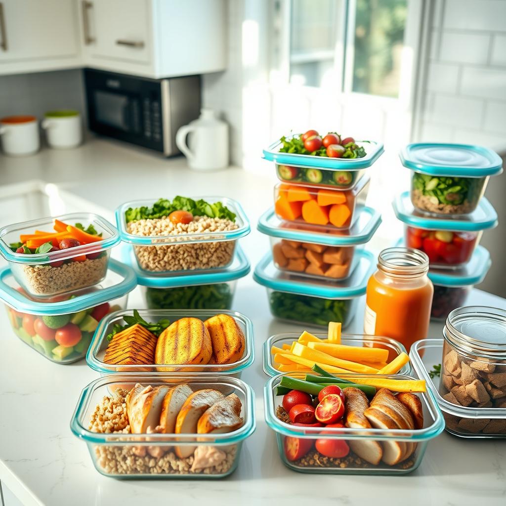 Aranjament de preparare a meselor pentru o săptămână, cu containere colorate pline cu salate de quinoa, pui la grătar, legume coapte și ingrediente pentru smoothie, pe un blat de bucătărie curat.