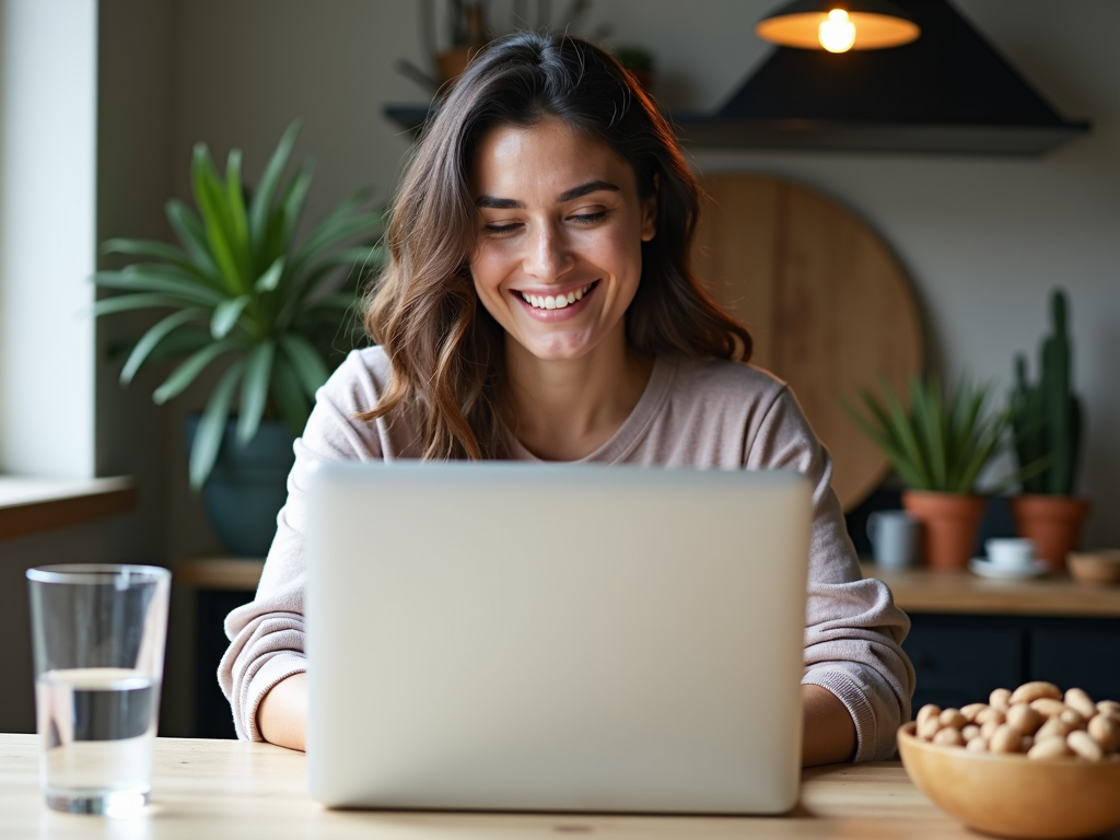 Persoană lucrând la laptop cu o gustare sănătoasă alături