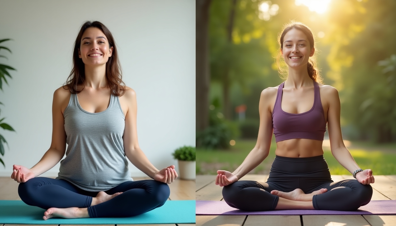 O imagine înainte și după care arată transformarea fizică a unei persoane care a încorporat yoga în călătoria sa de slăbit. Imaginea 'înainte' ar putea arăta o persoană stresată și supraponderală, în timp ce imaginea 'după' o arată în formă, sănătoasă și senină.