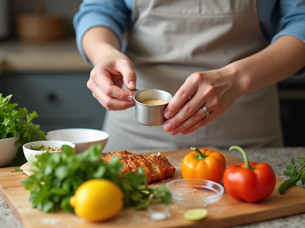 O persoană care pregătește o masă în bucătărie, măsurând ingredientele cu o cană mică.
