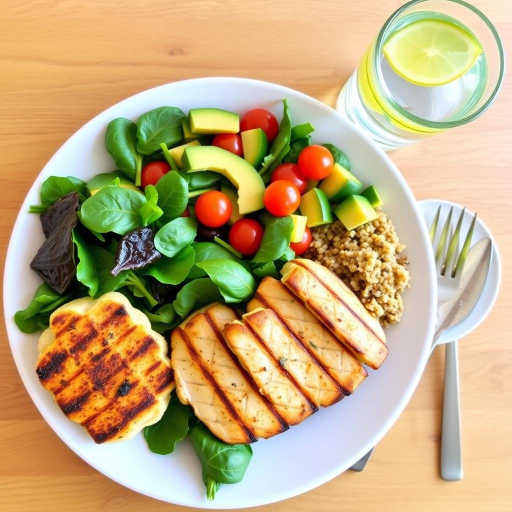 O masă sănătoasă pe o masă de lemn, cu pui la grătar, o salată colorată cu spanac, roșii cherry și avocado, o porție de quinoa și un pahar cu apă și lămâie.