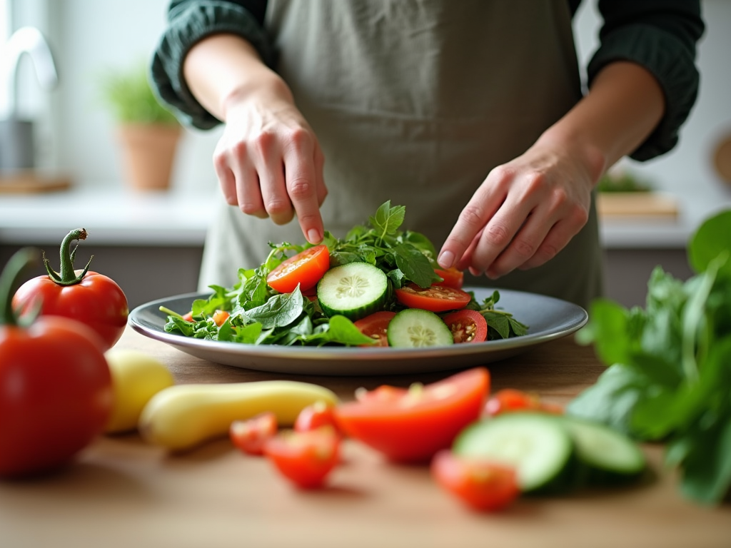O persoană pregătește o salată colorată cu legume proaspete, cum ar fi roșii, castraveți și spanac, într-o bucătărie luminoasă