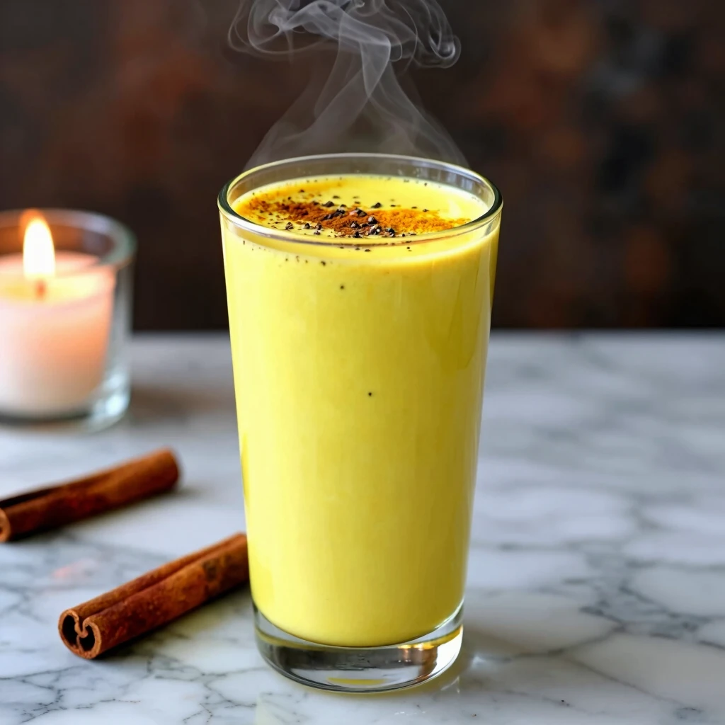 Pahar de lapte auriu cu turmeric, scorțișoară și piper negru, aburind invitor.