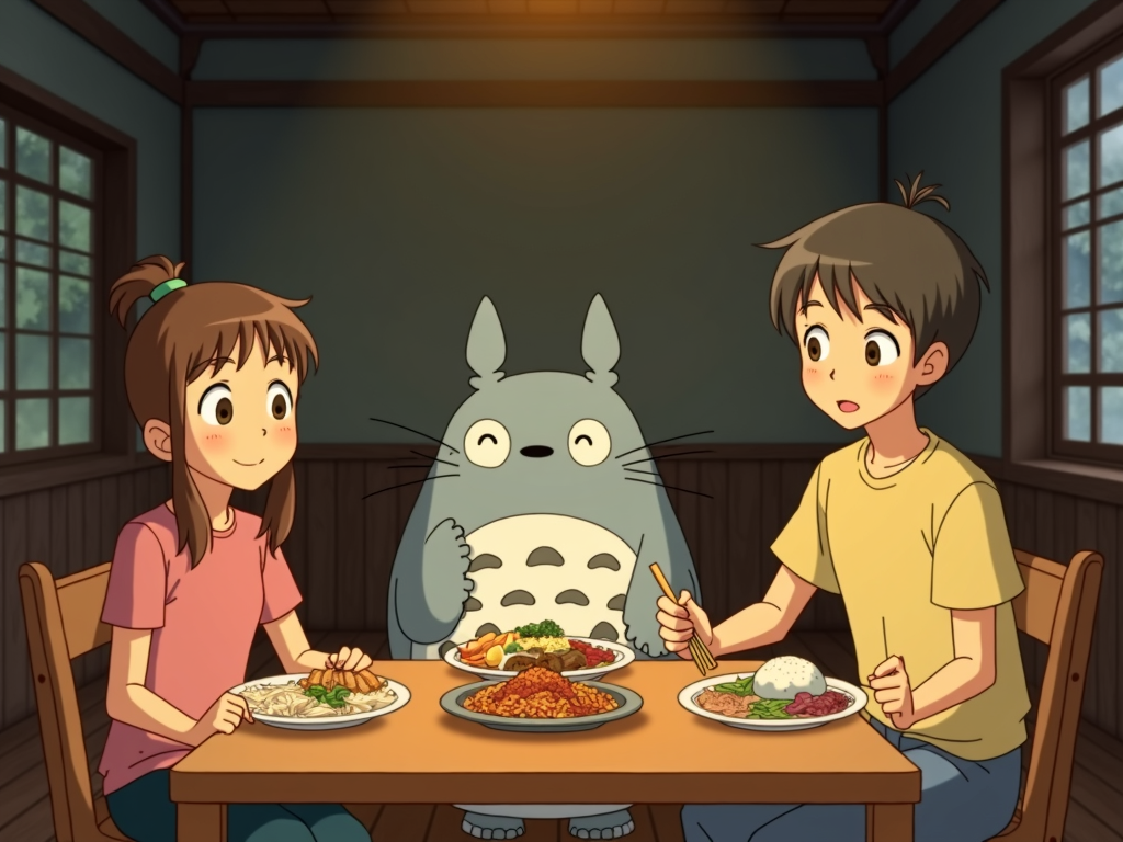 Scenă din Studio Ghibli cu personaje savurând o masă sănătoasă