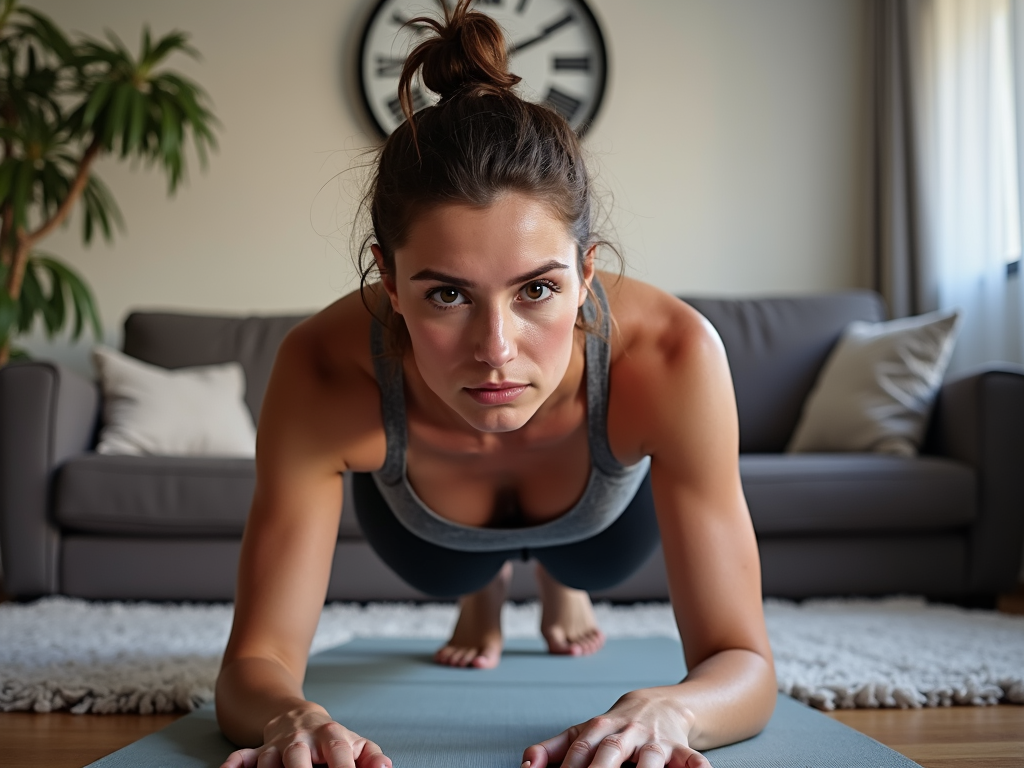 O persoană care face exercițiul plank pe un covoraș de yoga într-un decor casnic, cu un ceas pe perete și o sticlă de apă în apropiere.