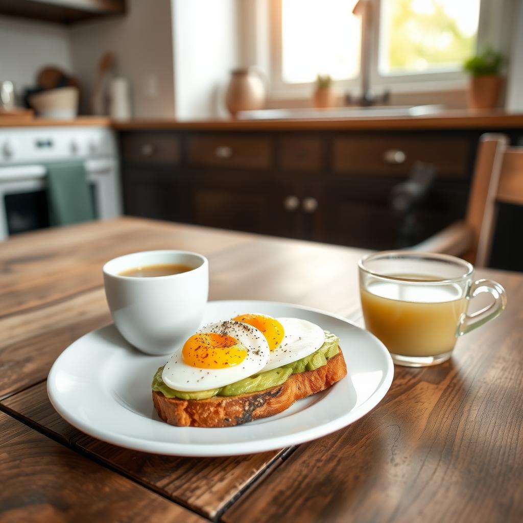 O felie de avocado toast cu ou fiert feliat și piper negru, așezată pe o masă rustică din lemn, lângă o ceașcă aburindă de ceai verde, într-o bucătărie cozy luminată de razele dimineții.