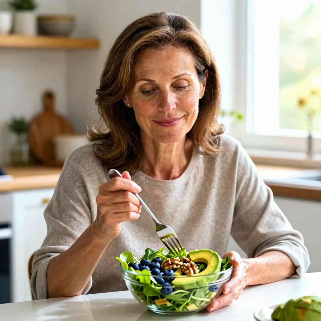 Femeie practicând mindful eating cu o salată plină de alimente benefice pentru minte