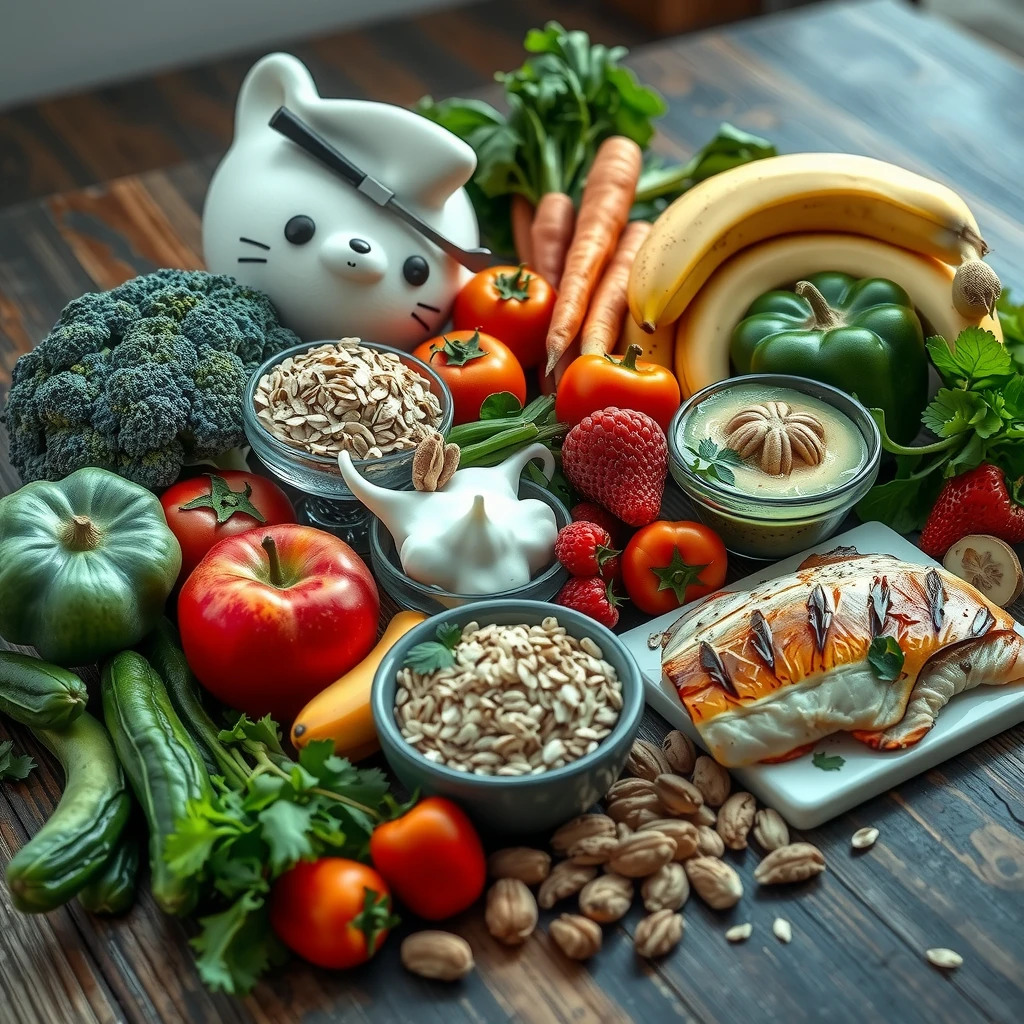 Aranjament apetisant de alimente sănătoase: legume proaspete, fructe, cereale integrale, proteine slabe și nuci pe o masă de lemn