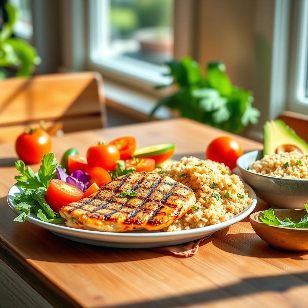 Farfurie cu o masă sănătoasă, plină de legume proaspete, pui la grătar și quinoa, iluminată de lumină naturală.