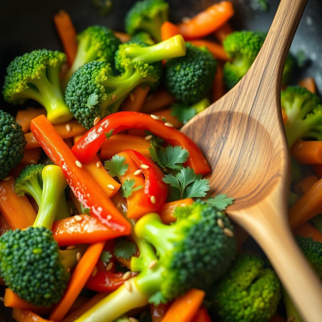 Tigaie cu legume sotate, incluzând broccoli verde, ardei roșu, morcovi și zucchini, presărate cu semințe de susan și garnisite cu coriandru proaspăt.