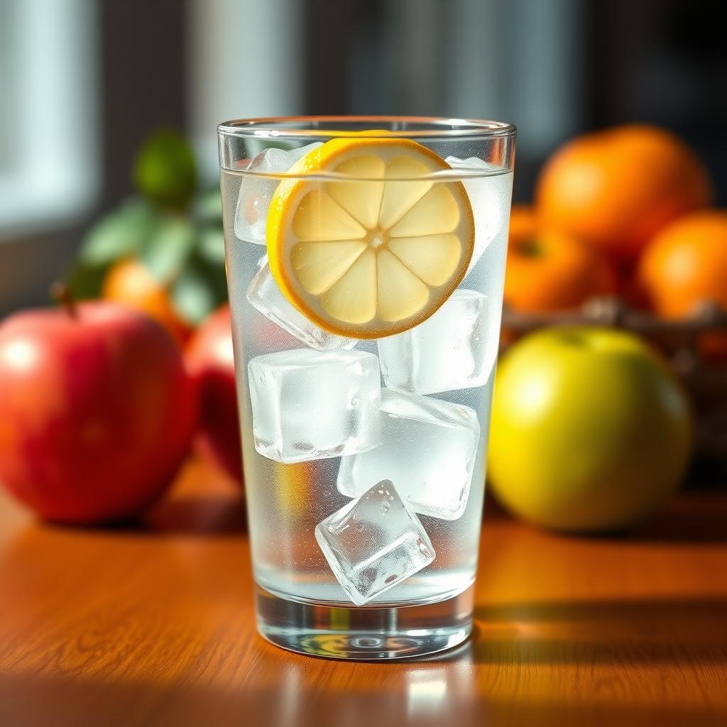 Pahar cu apă rece și o felie de lămâie pe o masă de lemn, cu fructe proaspete în fundal.
