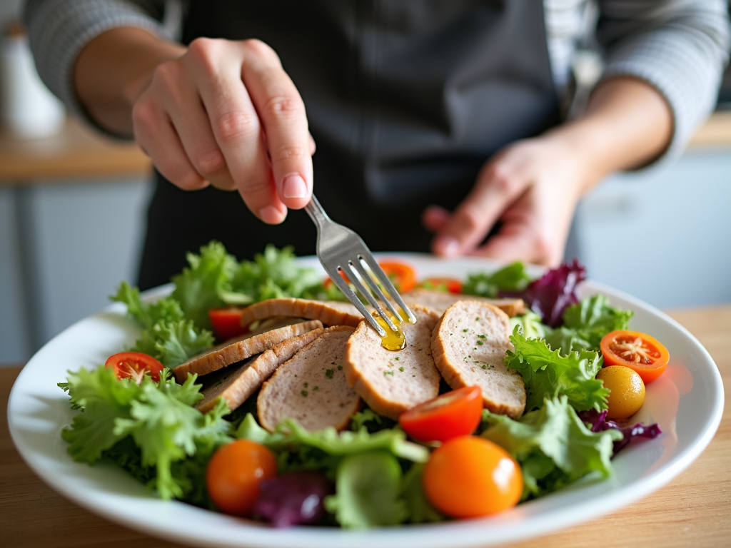 Persoană care pregătește o salată colorată cu legume proaspete, carne slabă și un strop de ulei de măsline într-o bucătărie luminoasă.