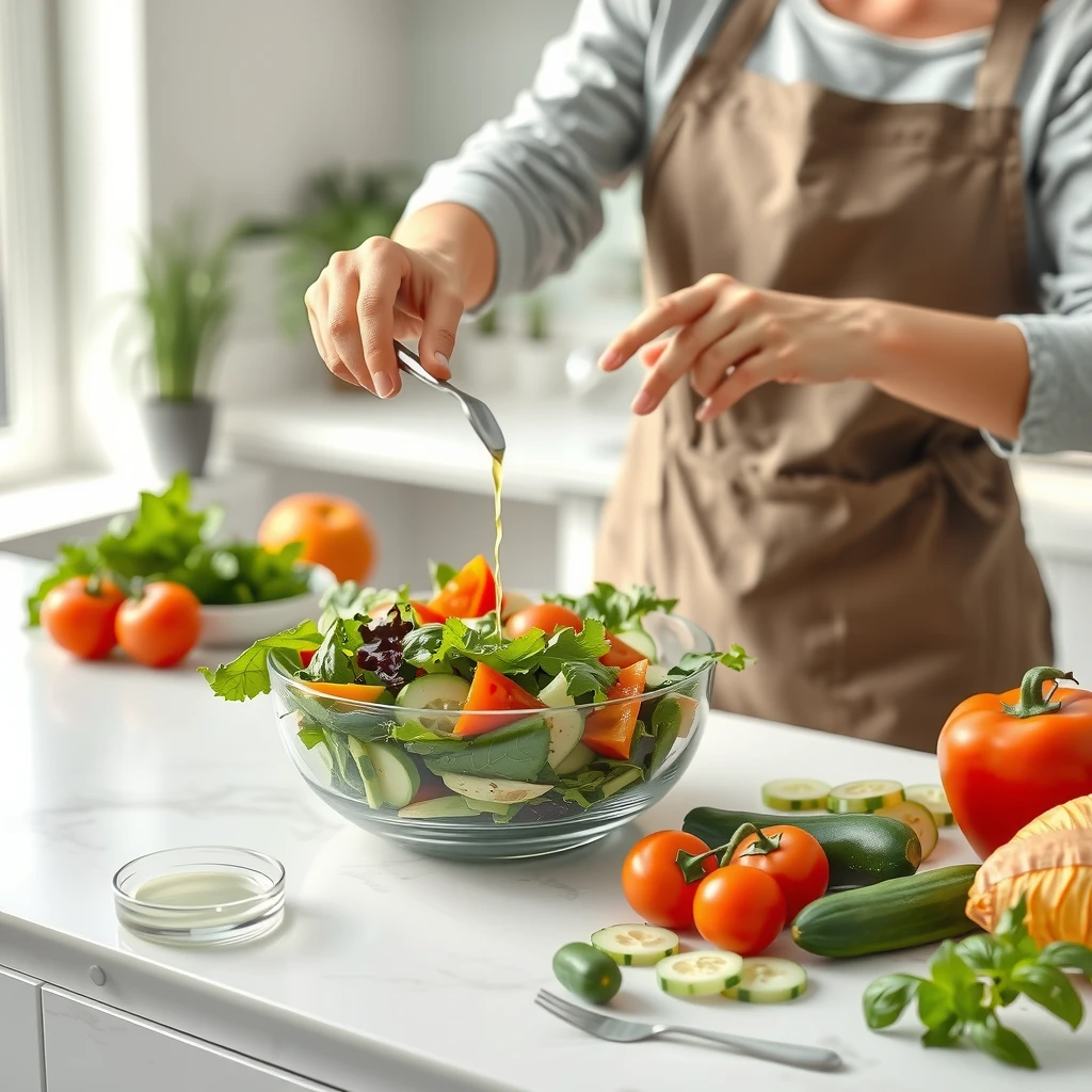 O persoană pregătind o salată proaspătă și colorată în bucătărie