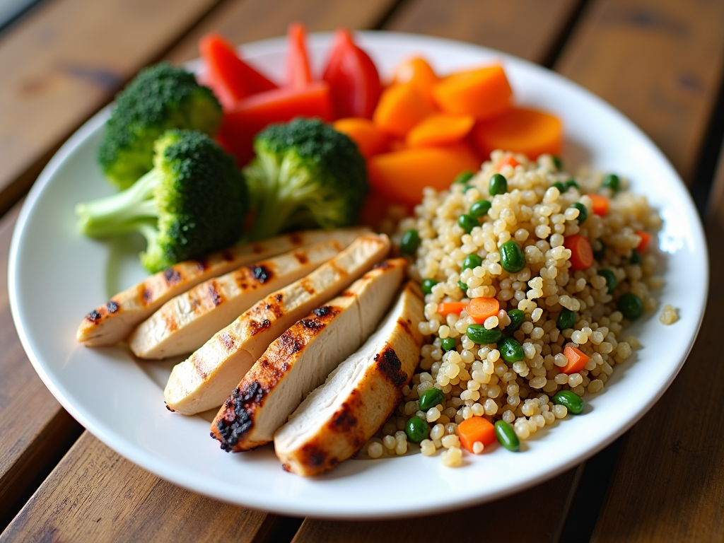 Farfurie colorată cu pui la grătar, quinoa și legume variate